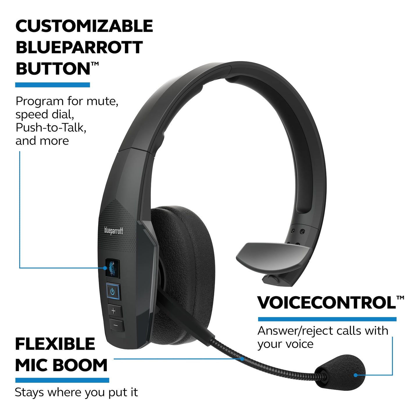 BlueParrott B450-XT Mono Bluetooth Wireless Headphones 96% Noise Canceling Over Head Trucker Headset with Mic, All Day Comfort Padded Headband, Extended Wireless Range, 24 hrs. Talk Time, Black