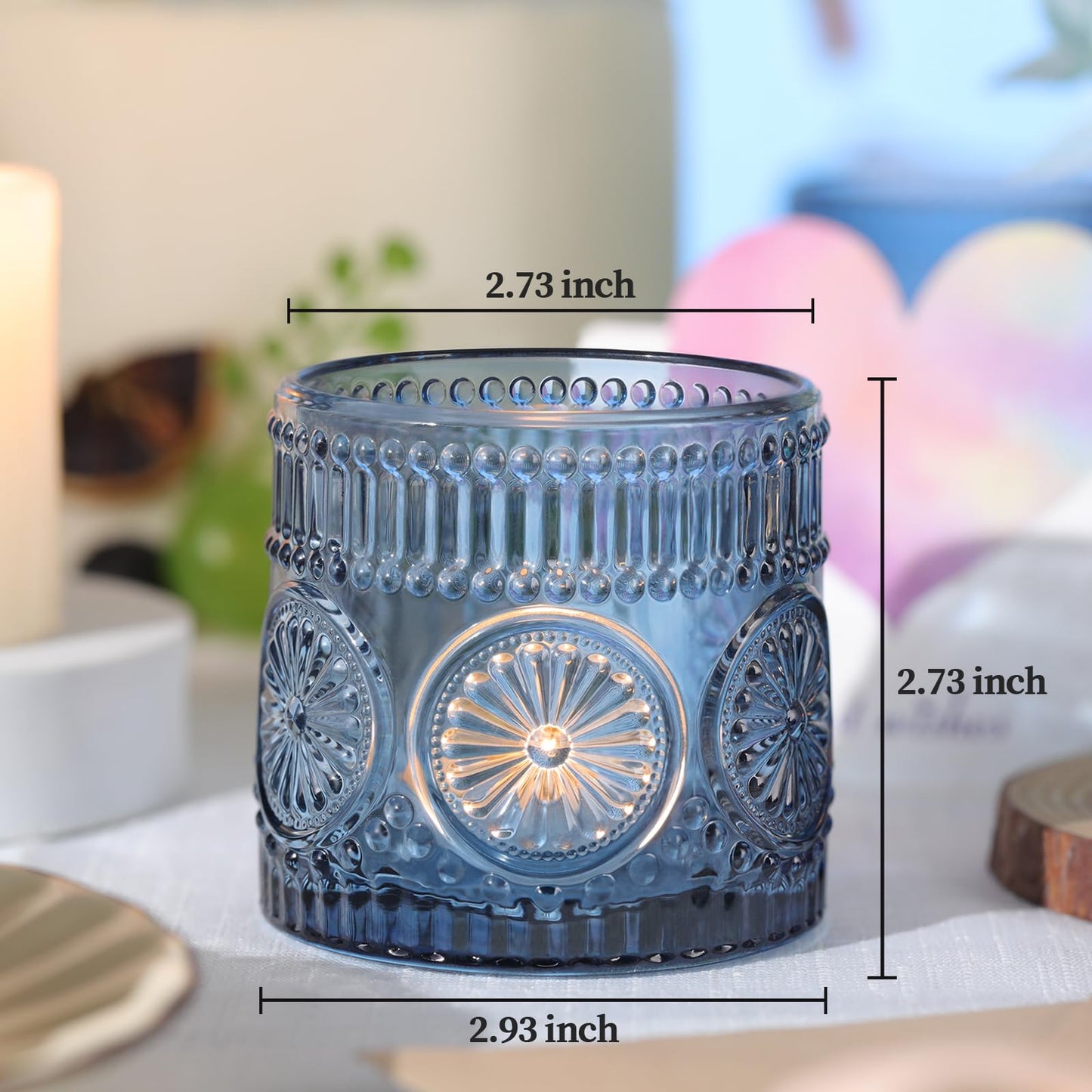 Sunnyfuture 6Pcs Large Votive Candle Holders Blue Glass Tealight Candle Holders for Wedding, Table Centerpiece, Party, Birthday, Home Decor
