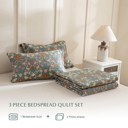 Lady Ann 100% Cotton Floral Quilt Sets Queen - Vibrant Paisley Flowers Pattern Plant Botanical Printed Quilted Bedspread & Coverlet Set, 3 PCS Lightweight Extra Soft Queen Bedding Sets All Season