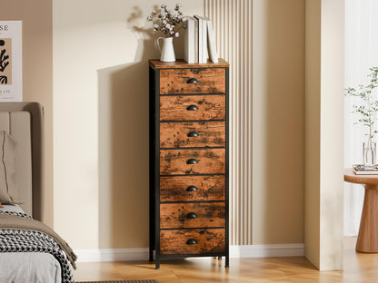 Furnulem Bedroom Dresser with 7 Drawers,Tall Industrial Fabric Chest of Drawers, Vertical Storage Tower Bedside Furniture in Living Room,Closet,Entryway-Sturdy Steel Frame(Rustic Brown)