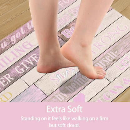 PCSWEET HOME Inspirational Positive Quotes Kitchen Mats for Floor Pink Anti Fatigue Mats for Kitchen Floor Cushioned Waterproof Pink Kitchen Decor Set