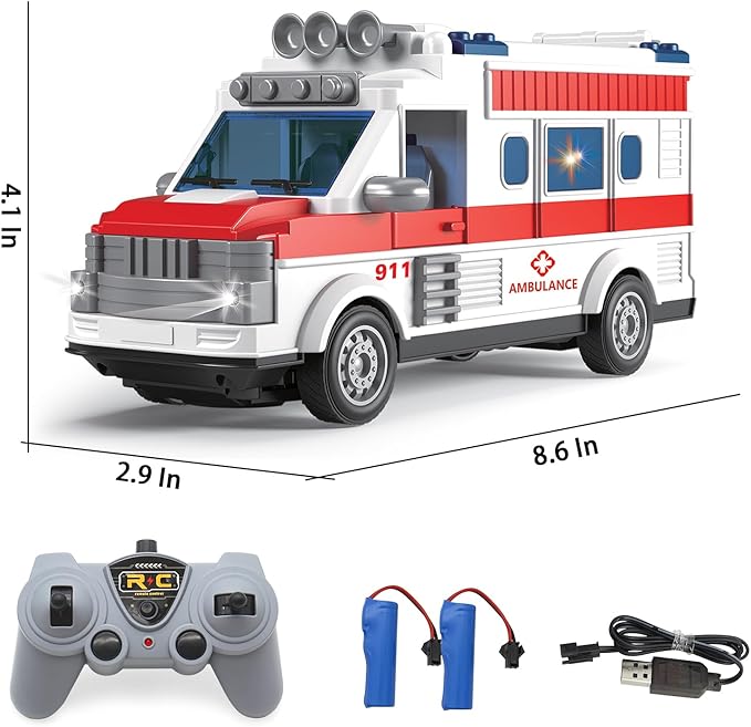 Dollox 1/30 Remote Control Ambulance 2.4G RC Play Car Toy 4 Channel Electric Ambulance Vehicles Emergency Rescue Cars with Lights Opening Door Gifts for Kids Boys Girls Age 3 4 5 6 7