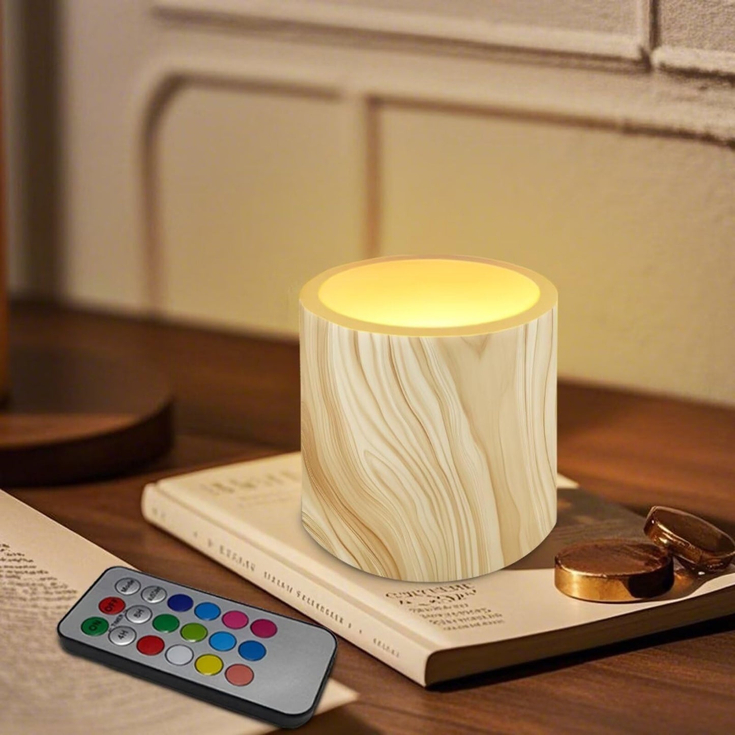 Cozeyat Pine Wood LED Candles Set of 4 Battery Powered Flameless with Remote Timer Dancing Flame Waterproof for Garden Beach Table Decoration