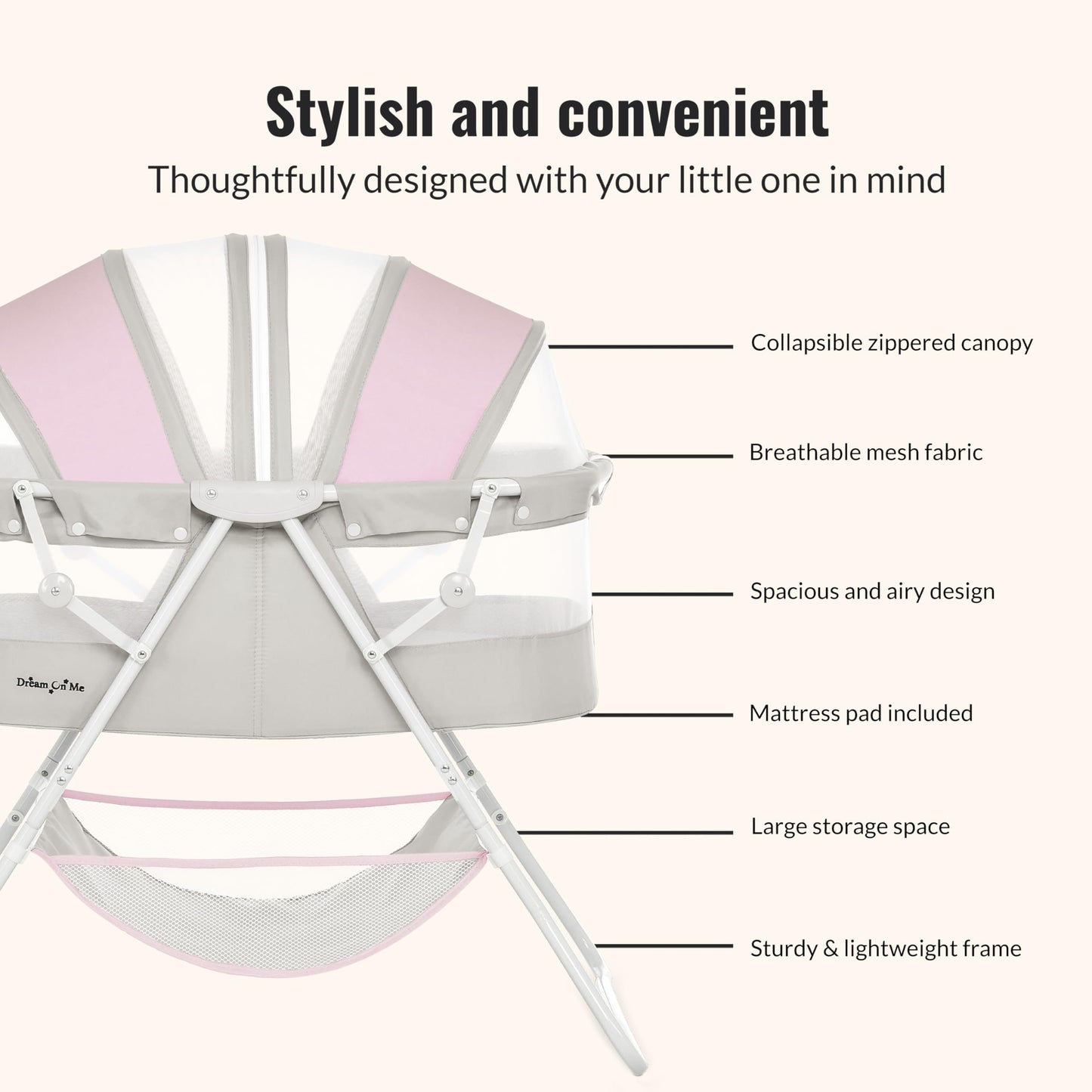Dream On Me Karley Bassinet in Grey and Pink