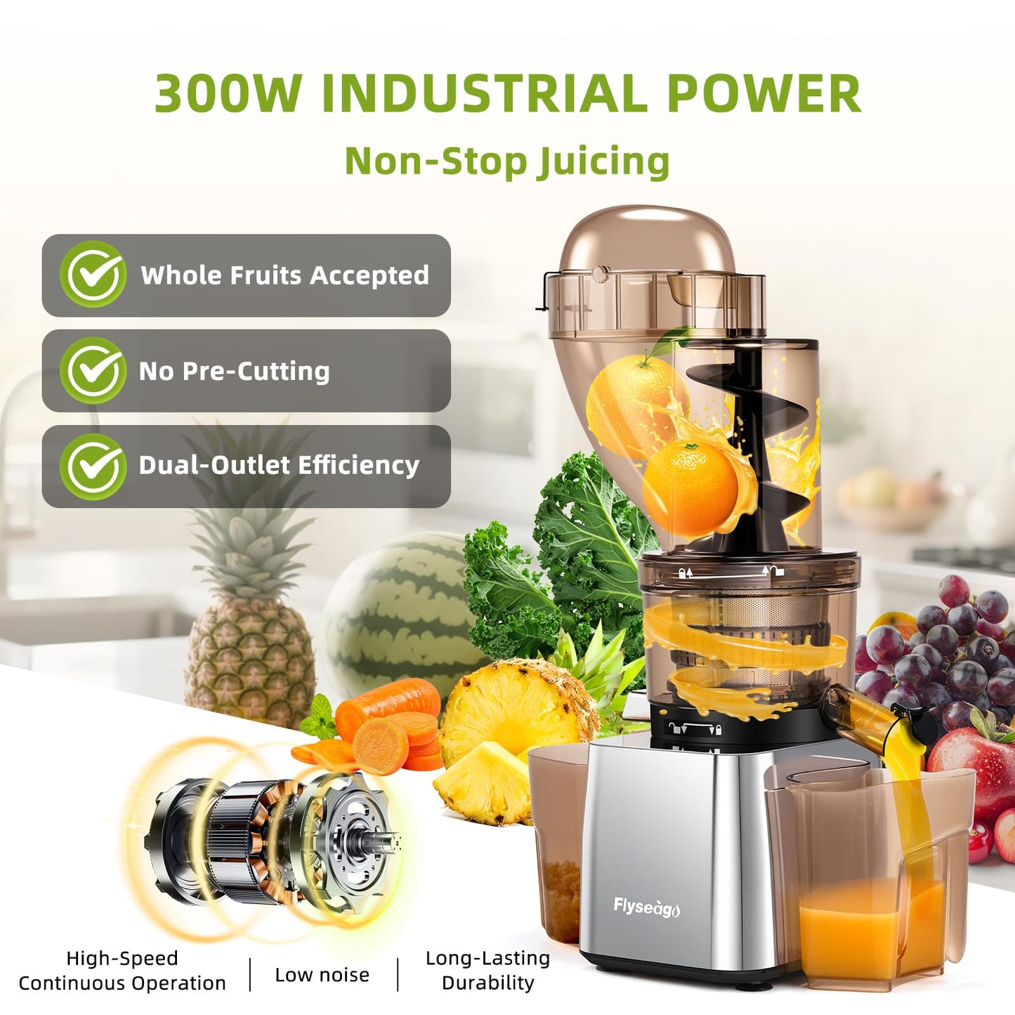 Flyseago Commercial 300W Cold Press Juicer Machines - Dual Outlet for Juice & Pulp, High Yield, Masticating Juicers, Heavy Duty Stainless Steel, Quiet Motor, Easy Clean for Restaurants, Bars