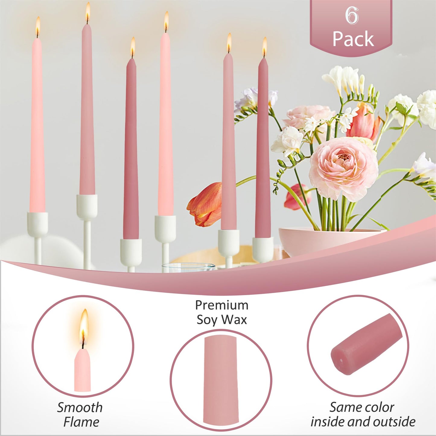 Gedengni Scented Candle Taper Candlesticks,10 Inches Pink Tapered Candles Rose Candle Sticks Colorful Candlestick for Wedding Home Party Dinner,Pack of 6 (8D6PC-PIKMIX)