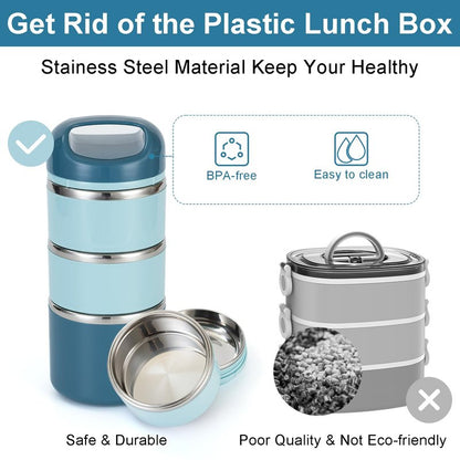 Lille Home 3-Layer Stainless Steel Lunch Box 1.43L- Leakproof, BPA-Free Insulated Bento Box for On-the-Go Meal Prep, Stackable Food Container for Women & Men