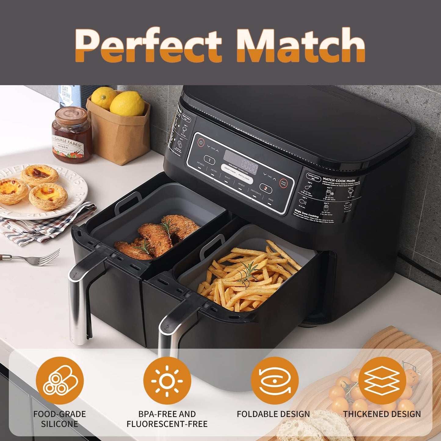 Vangerute Collapsible 2-Pack Air Fryer Silicone Liners for 10QT NINJA Foodi Dual, Reusable Rectangular Silicone Basket Pot for Air Fryer Accessories (Gray)