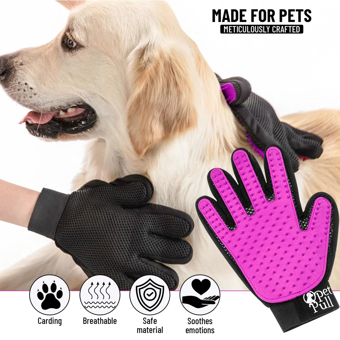 PET PULL Pet Grooming Gloves with 259 Silicone Tips - Pet Hair Removal Tool Gentle Shedding Dog Washing Gloves - Deshedding Brush Hair Remover Mitts for Dogs & Cats for Long and Short Hair (Pink)