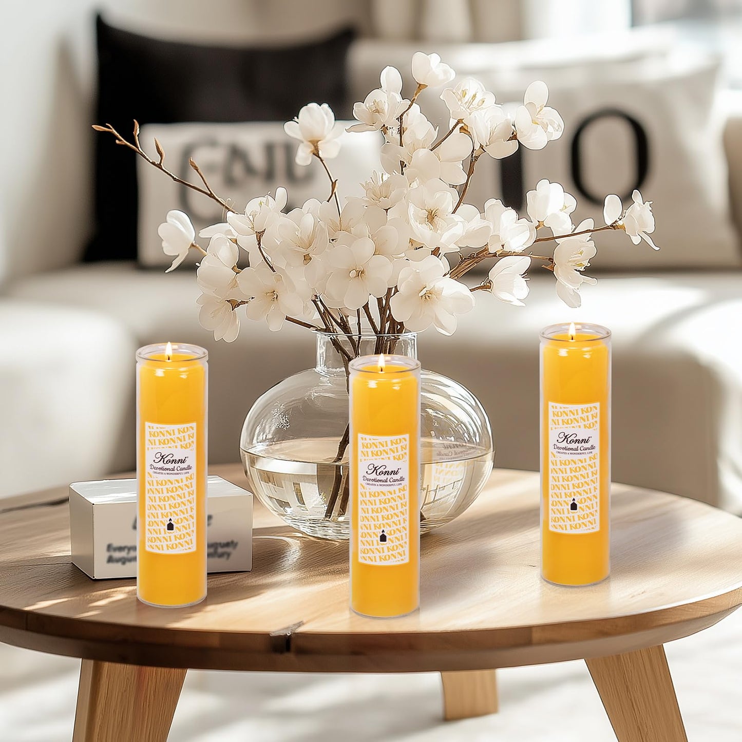 KONNI 2x8 Inch Yellow Pillar Candles in Glass Set of 3, Devotional Prayer Candle, Unscented Religious Candles, 105 Hours Emergency Long Burning, Ideal for Memorials, Vigil, Blessing