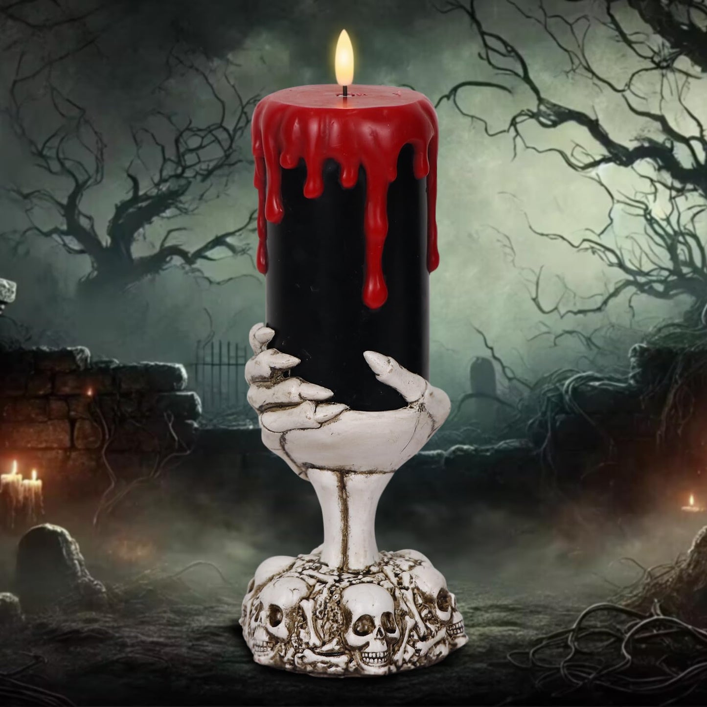Lasumora Halloween Decorations Black Flameless Candles with 6H Timer, Battery Operated Candles with Skull Hand Candle Holder, Real Wax Dripping Halloween Candle Spooky Halloween Decor Indoor