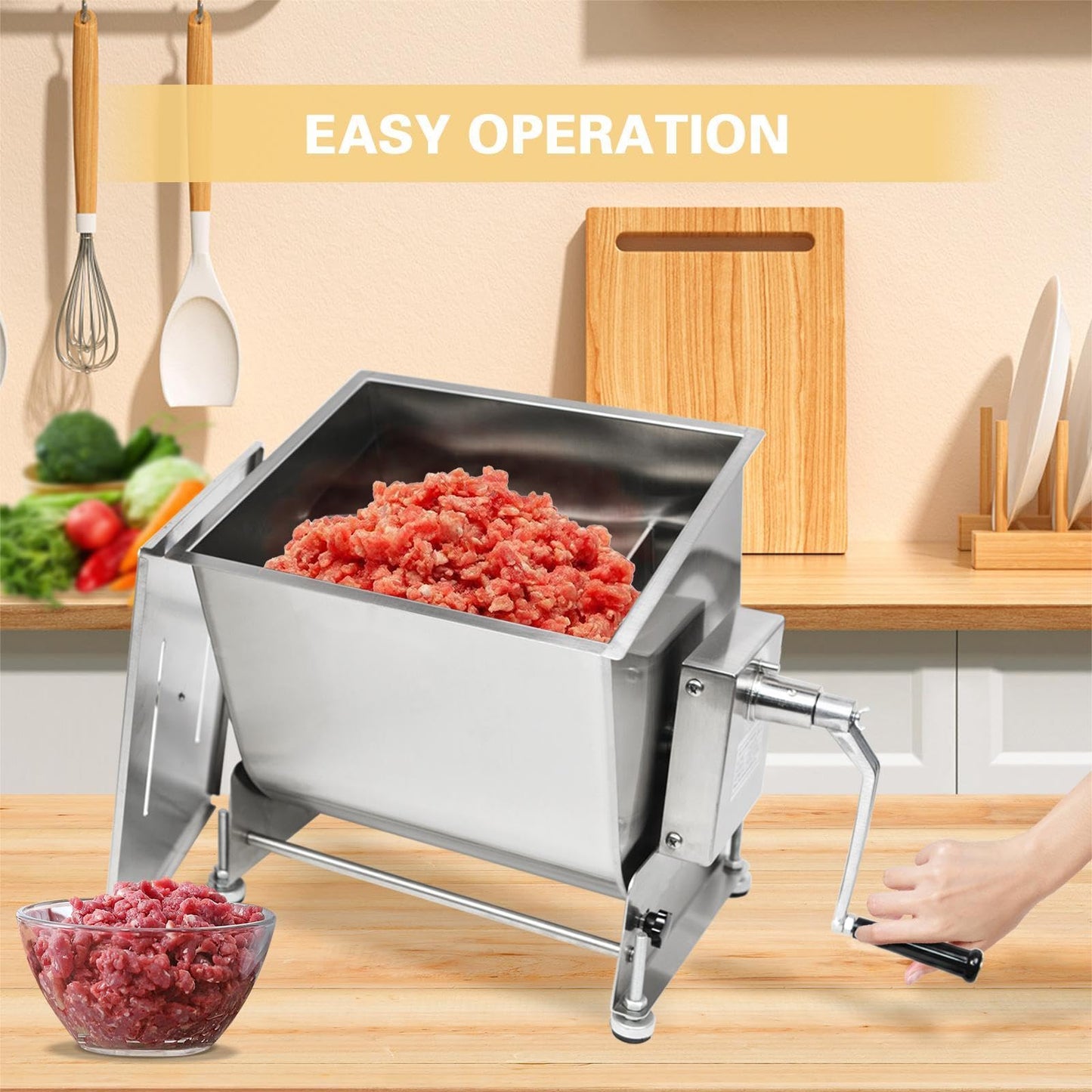 CLIVIA Manual Meat Mixer, 45 Pound Meat Mixer for Sausage, 45lbs Capacity Tilt Tank Sausage Mixer, Stainless Steel Food Processer for Meat, Vegetable, Burger, Dumplings