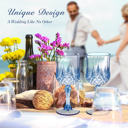 Dualshine 12 Pcs Blue Plastic Wine Glasses, Blue Transparent Plastic Goblets for Wedding Reception, Drinking Glasses for Parties, Valentine's Day, Birthdays