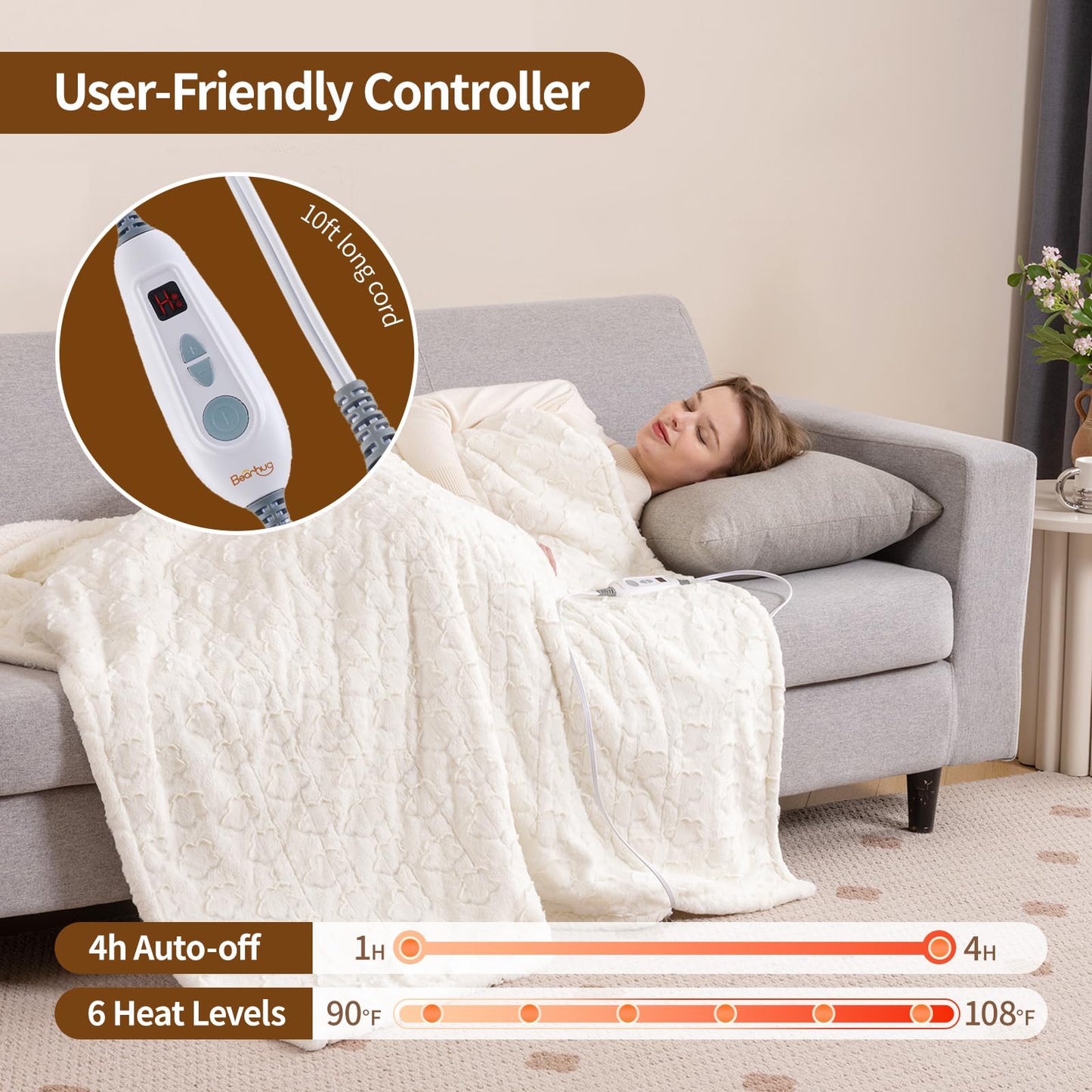 Bearhug Electric Blanket King Size 100" x 90", Dual Controller Heated Blanket, White Flower Patterns Faux Fur & Warm Sherpa, 10-Heat Levels & 1-12H Auto Off,ETL, Machine Washable
