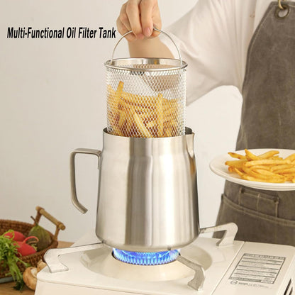 68oz 304 Stainless Steel Deep Fryer Pot with Basket & Strainer, Large Capacity Bacon Grease Container for Kitchen,Frying, Cooking, Camping,Oil Filter Container - Dishwasher Safe (68oz/2L/2.1Qt)