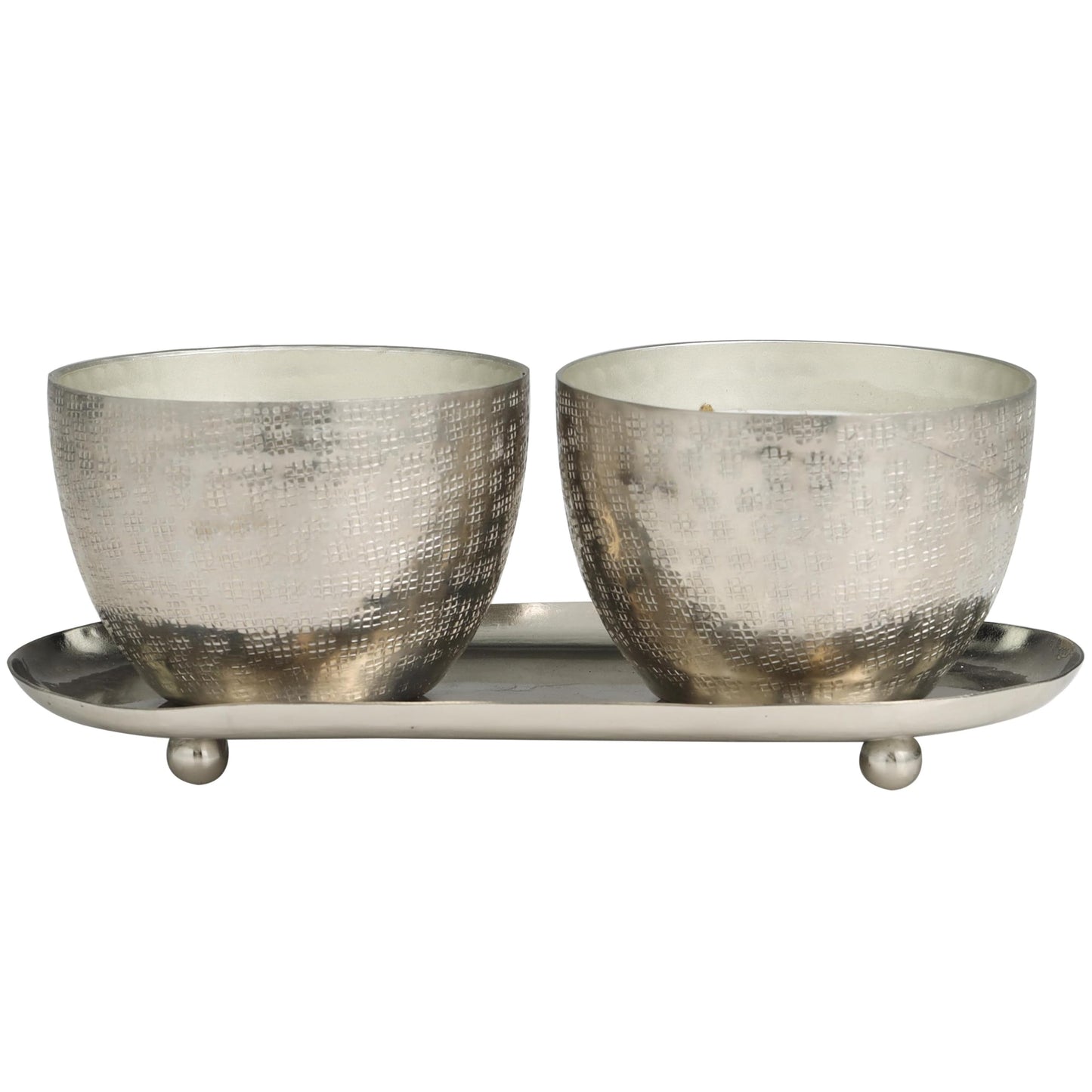 Deco 79 Metal Decorative Candle Campfire Scented Grid Patterned 10 oz 1 Wick Aromatherapy Candle with White Wax, Set of 2 Wax Aromatherapy Candle 10" W, 4" H, Silver