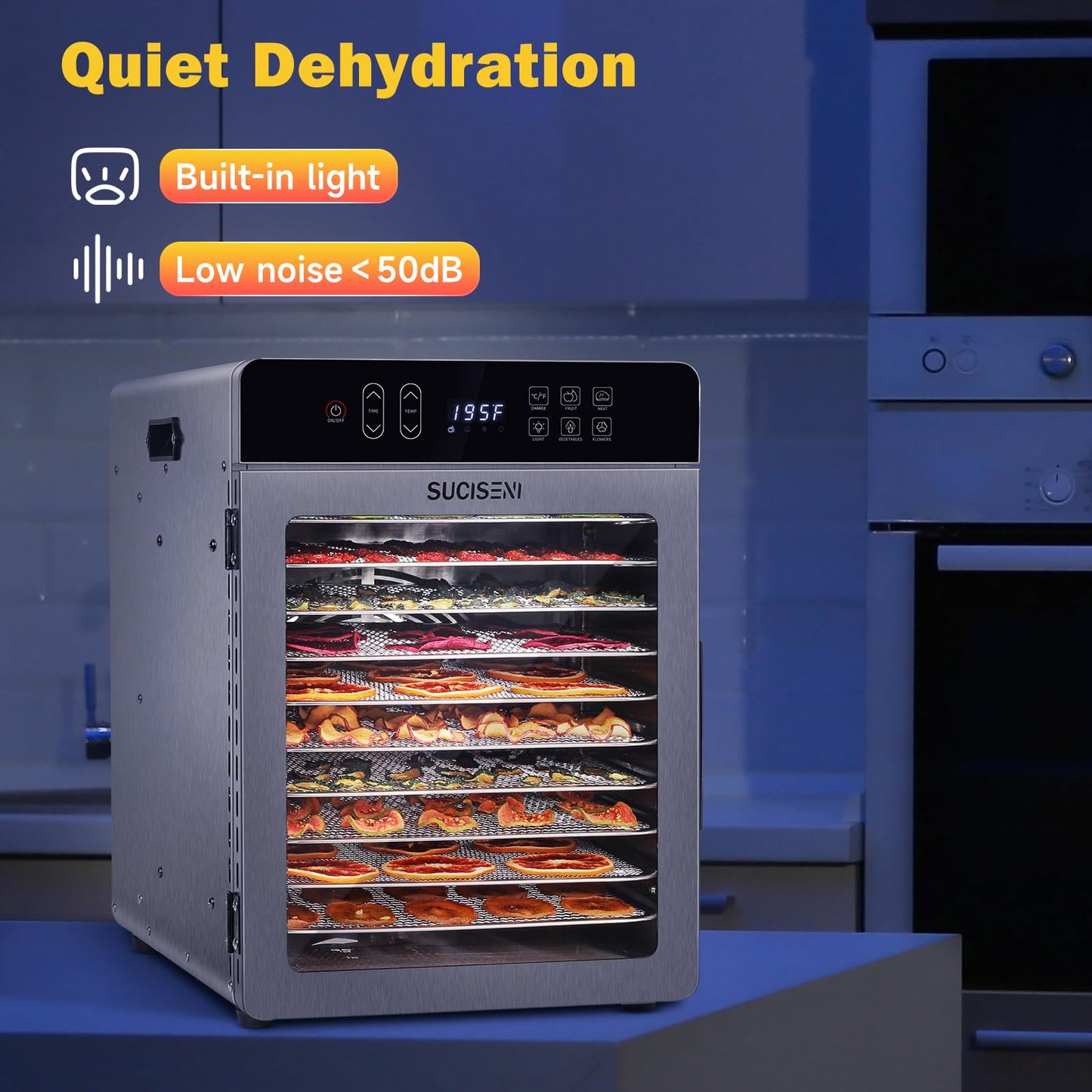 SUCICENI Food Dehydrator for Jerky, 10 Stainless Steel Trays 9ft² Dehydrator Machine, 1000W Dehydrator with 24H Timer 195℉ Temperature Control for Meat, Fruits, Veggies, Dog Treats