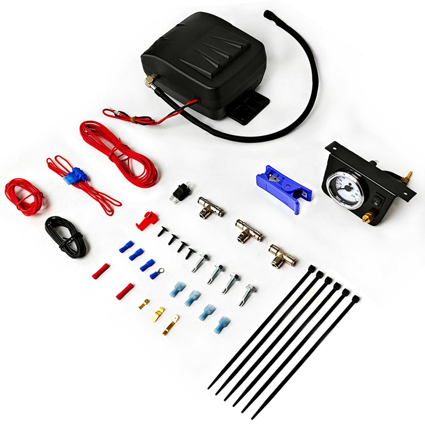 KEIYSHOLCK 25804 On Board Air Compressor System Air Shock Controller Air Compressor and Air Pressure Gauge Air Line T Fittings for Ram/Chevy/Ford/Silverado/GMC Trucks Vans
