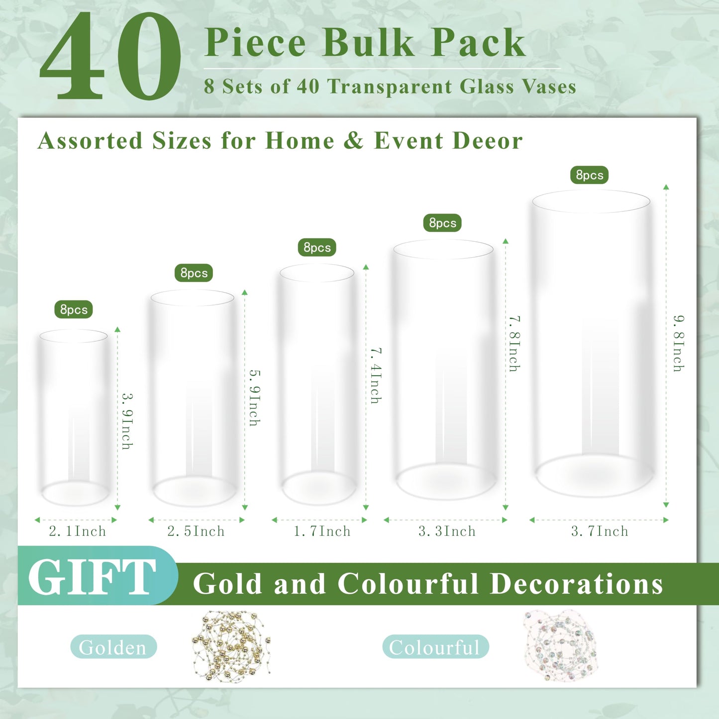 Zomiol 40pcs Glass Vase for Centerpieces, 4,6,7.5,8,10 inch Tall Clear Cylinder Flower Vase Bulk Floating Candle Holder for Wedding Table Home Décor and Party