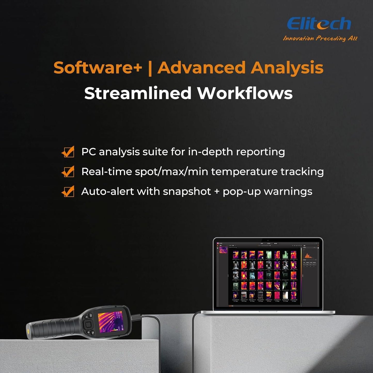 Elitech Thermal Imaging Camera 256 x 192 IR Resolution, Handheld Infrared Imager for Home Inspection & HVAC, Real-Time Video Recording, <40mK Sensitivity, 25Hz Thermal Leak Detector (-4°F to 752°F)