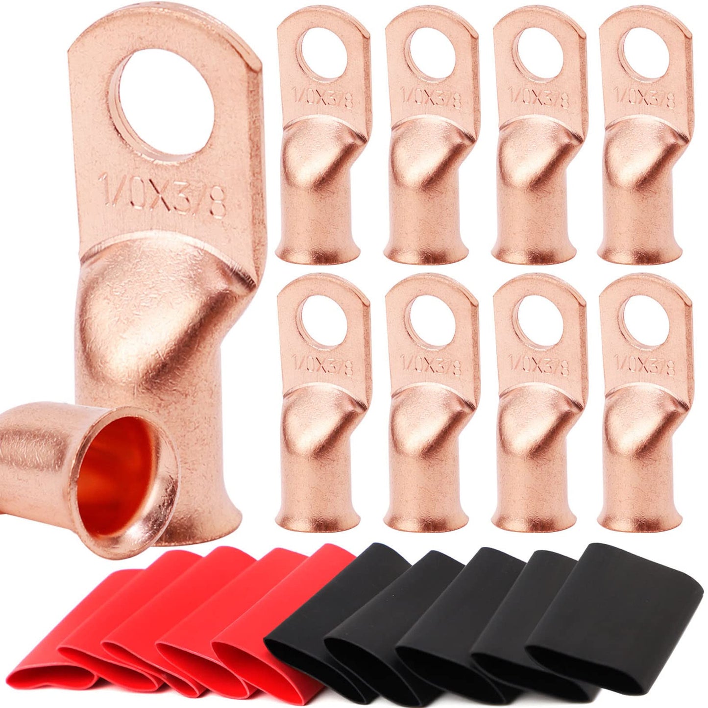 TKDMR 10pcs 1/0 AWG-3/8 Battery Lugs,Heavy Duty Wire Lugs,Ring Terminals,Battery Cable Ends,0 Guage terminals,Battery Terminal Connectors with 10pcs 3:1 Heat Shrink Tubing