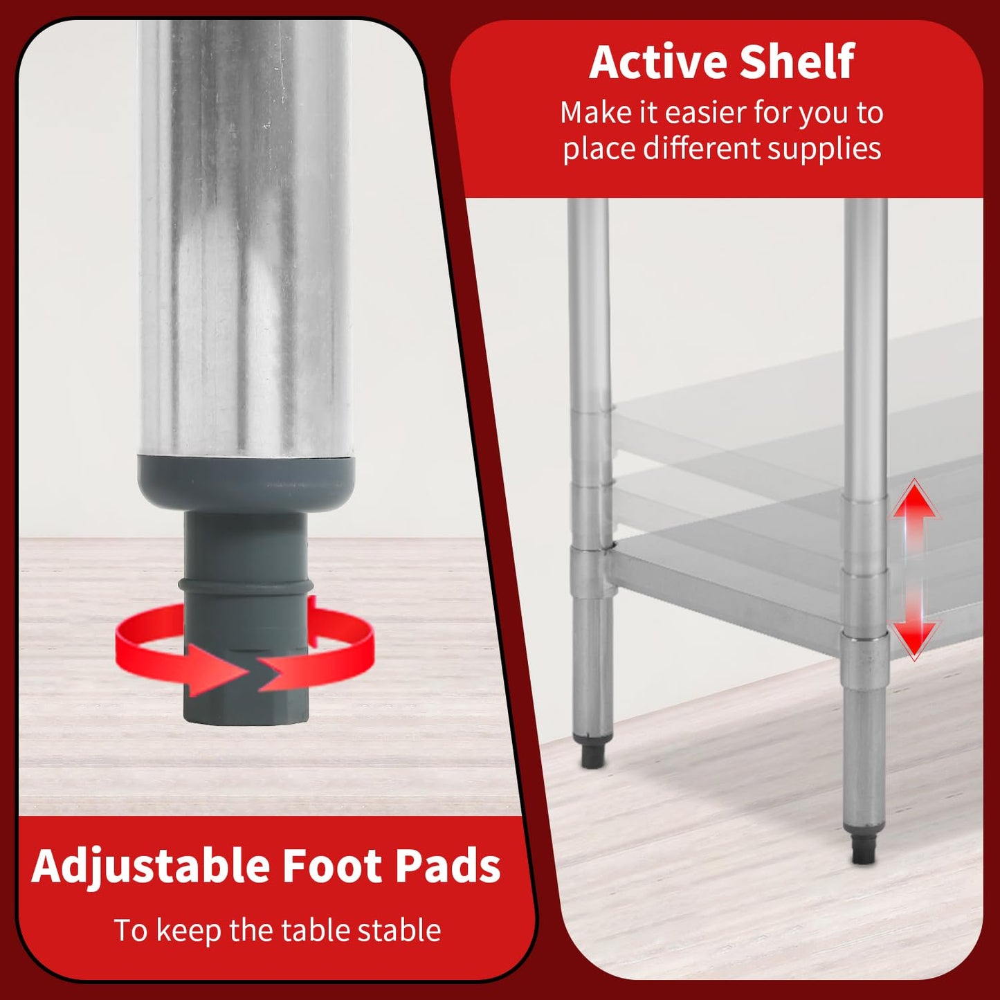 FDW Stainless Steel Table for Prep & Work 24 x 60 Inches, Commercial Heavy Duty Table with Undershelf and Adjustable Legs Food Prep Worktable for Restaurant, Kitchen