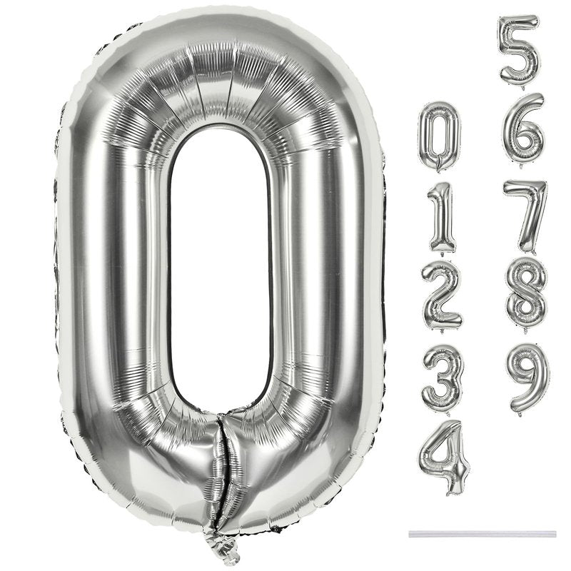 40 Inch Silver Foil Balloon Number 0, Giant Self Inflating Number Balloons 0-9 for Men Women, Digital 0 Helium Balloons Set for Girls Boys 4th Birthday Anniversary New Year Party Decorations Supplies