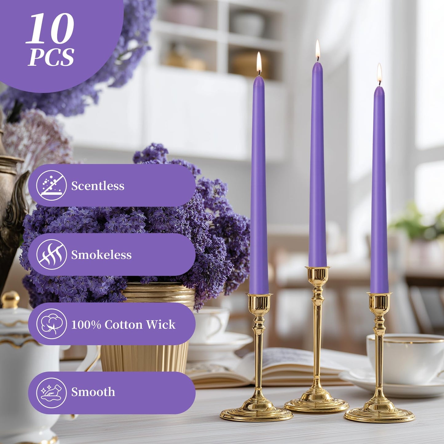 KONNI 0.87×10 Inch Violet Taper Candles, Unscented and Smokeless Tall Candlesticks, 10 Pack Tapered Candles with Cotton Wicks, Long Burning, Ideal for Weddings, Dinner Parties, and Home Décor