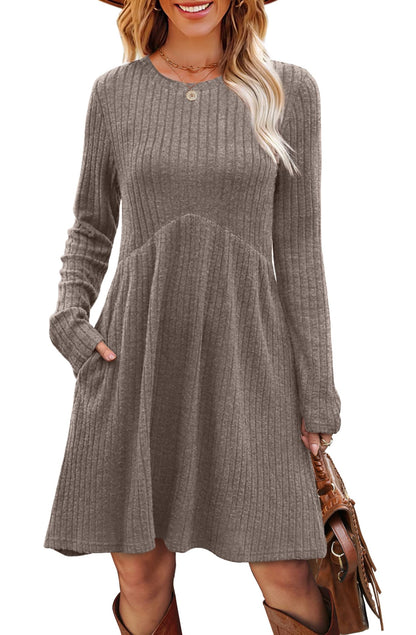 OFEEFAN Long Sleeve Dress for Women Crew Neck Empire Waist Tunic Dress with Pockets