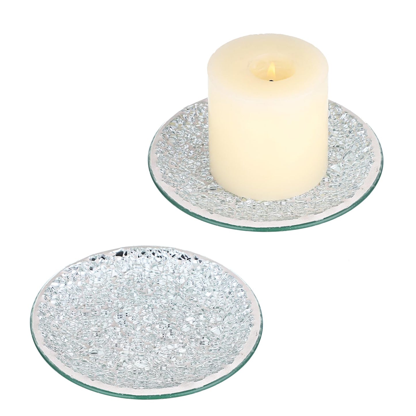 OwnMy 2PCS Mosaic Glass Pillar Candle Holder Plates and Trays, 6 Inch Glass Mosaic Candle Bases Coasters Decorative Pillar Candle Stands for Wedding Table Centerpiececs, Silver