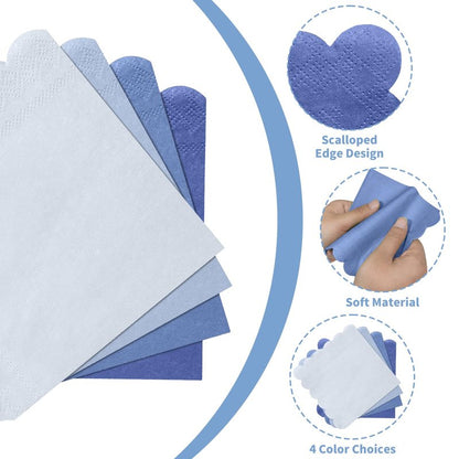 Xiangqu 120 Pack Dusty Blue Napkins, 5 x 5 Inch Boy Baby Shower Napkins Gradient Blue Cocktail Napkins Scalloped Napkins Beverage Napkins for Dinner Wedding Baby Shower Bridal Anniversary Reception