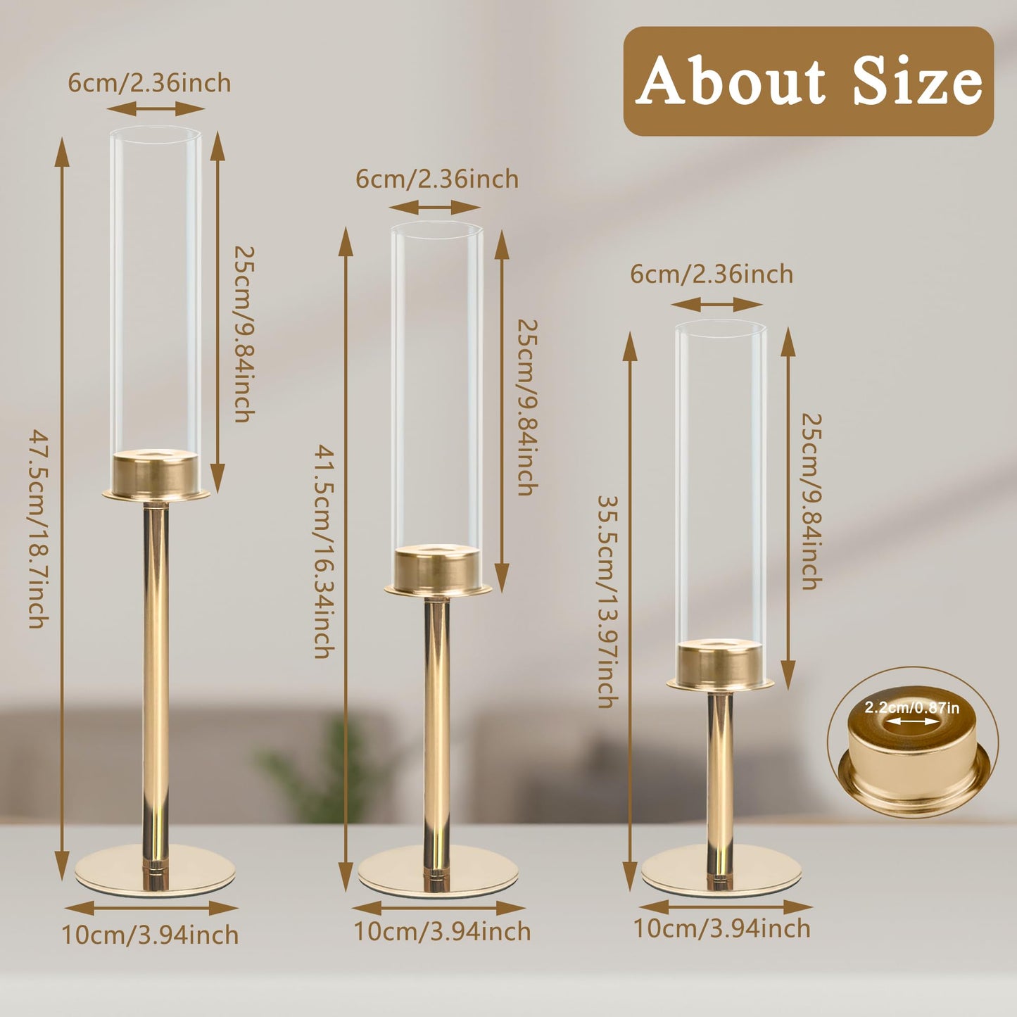 QTRQTR 3 PCS Gold Hurricane Candle Holders Fluted Glass Candlestick Holder