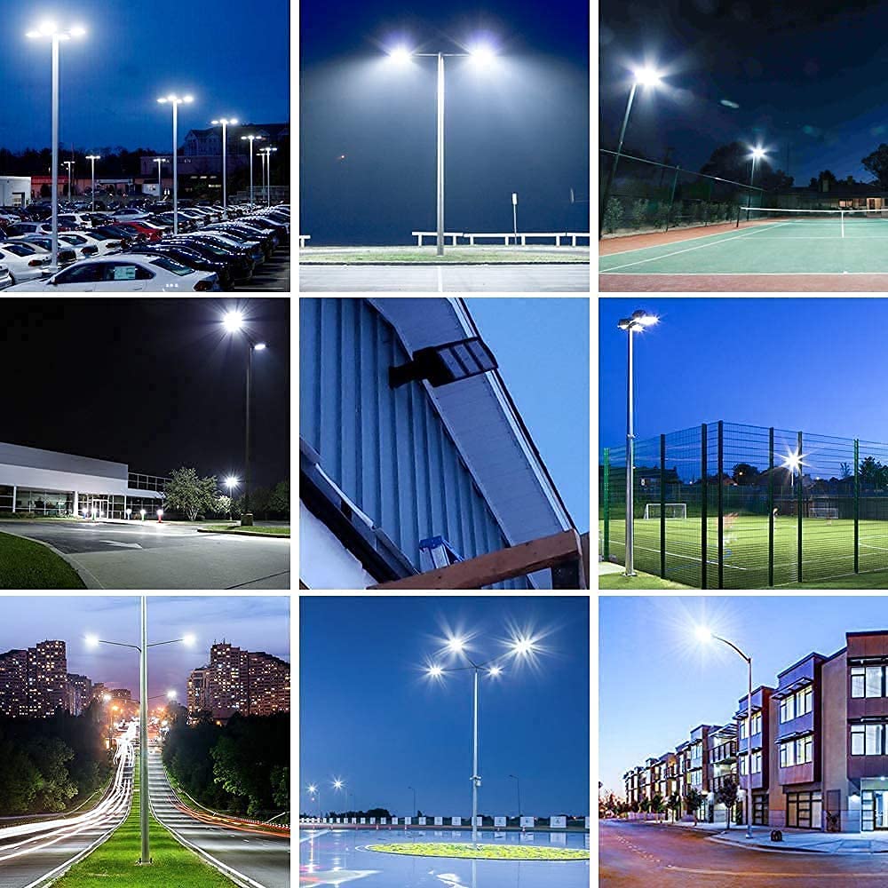 ledmo 4Pack 350W LED Parking Lot Light 52500LM IP65 5000K Commercial Street Security Light for Sport Warehouse Area with 2 Pack Double Bullhorn Bracket
