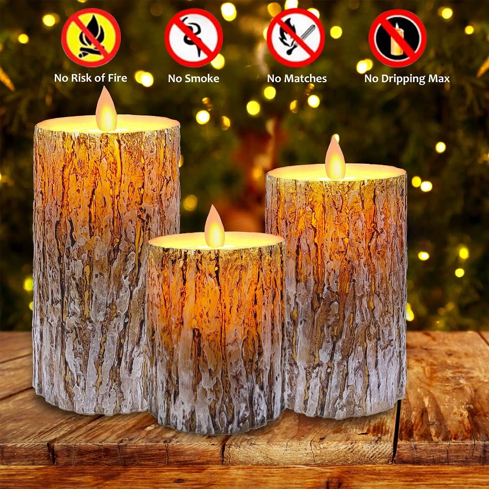MIVITOOM Pine Bark LED Flameless Pillar Candles Battery Operated with Flickering Warm Yellow Light Moving Wicks, Pack of 3 (D 3”×H 4”5”6”) Real Wax Candles with Timer and Remote Control