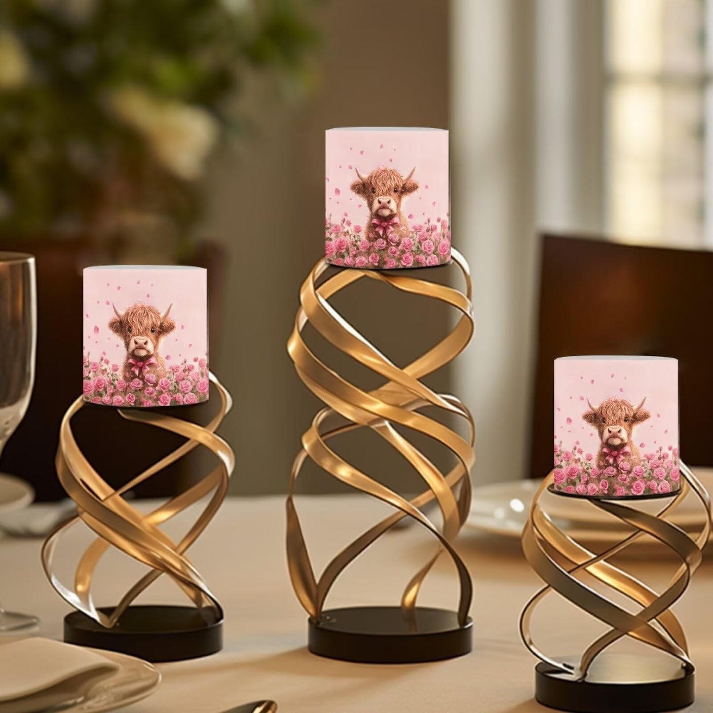 Merkmak Highland Cattle Print Battery Operated Flameless Candles with Remote and Timer Flameless LED Pillar Candles Valentines Day Home Decorations Pink Rose Print Tea Lights