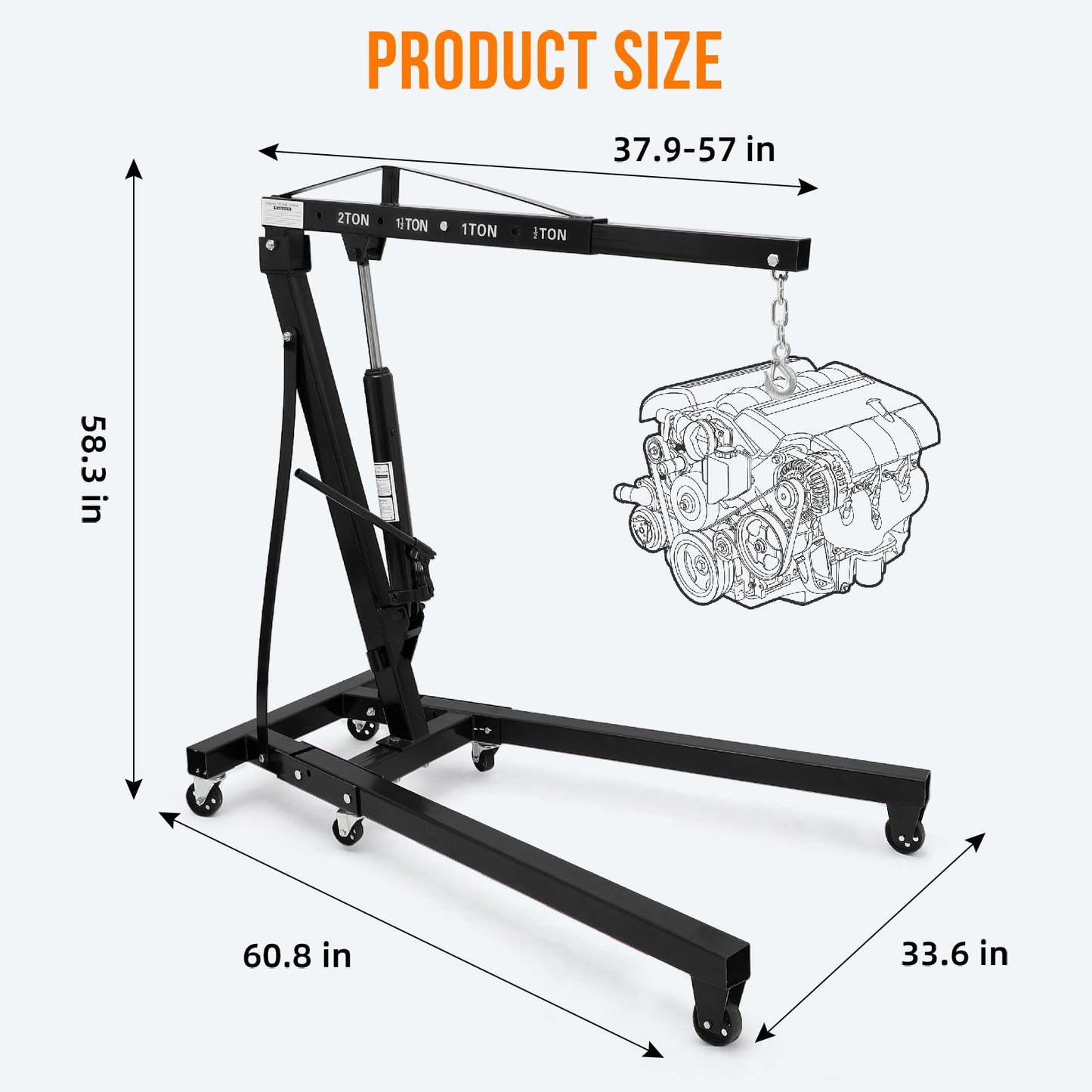 Hydraulic Engine Hoist 2 Ton, Cherry Picker Shop Crane with 6 Casters and Telescopic Boom, 4400 Lbs Heavy Duty Engine Hoist Crane Lift for Garage, Workshop, Automotive Repair, Black