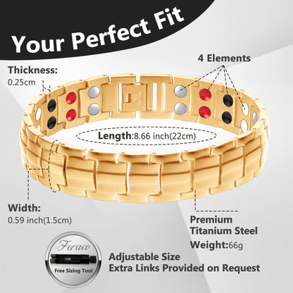 Feraco Mens Magnetic Therapy Bracelets Titanium Steel Bracelet with Double Row 4 Elements Magnets (Gold)