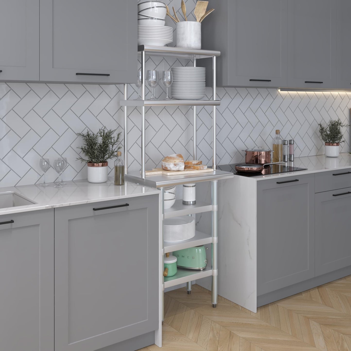 Amgood 18" x 24" Stainless Steel Work Table with 3 Shelves and 12" Wide Double Tier Overshelf | Metal Kitchen Prep Table & Shelving Combo | NSF