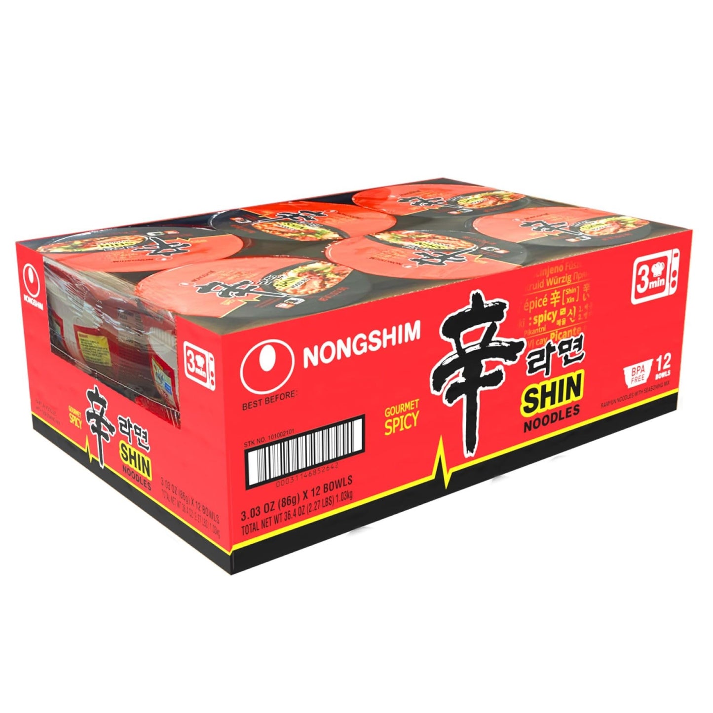 Nongshim Ramen Noodles, Gourmet Instant Ramen bowl, Premium Microwavable Noodle Soup, Spicy Shin, 3.03 Ounce (Pack of 12)