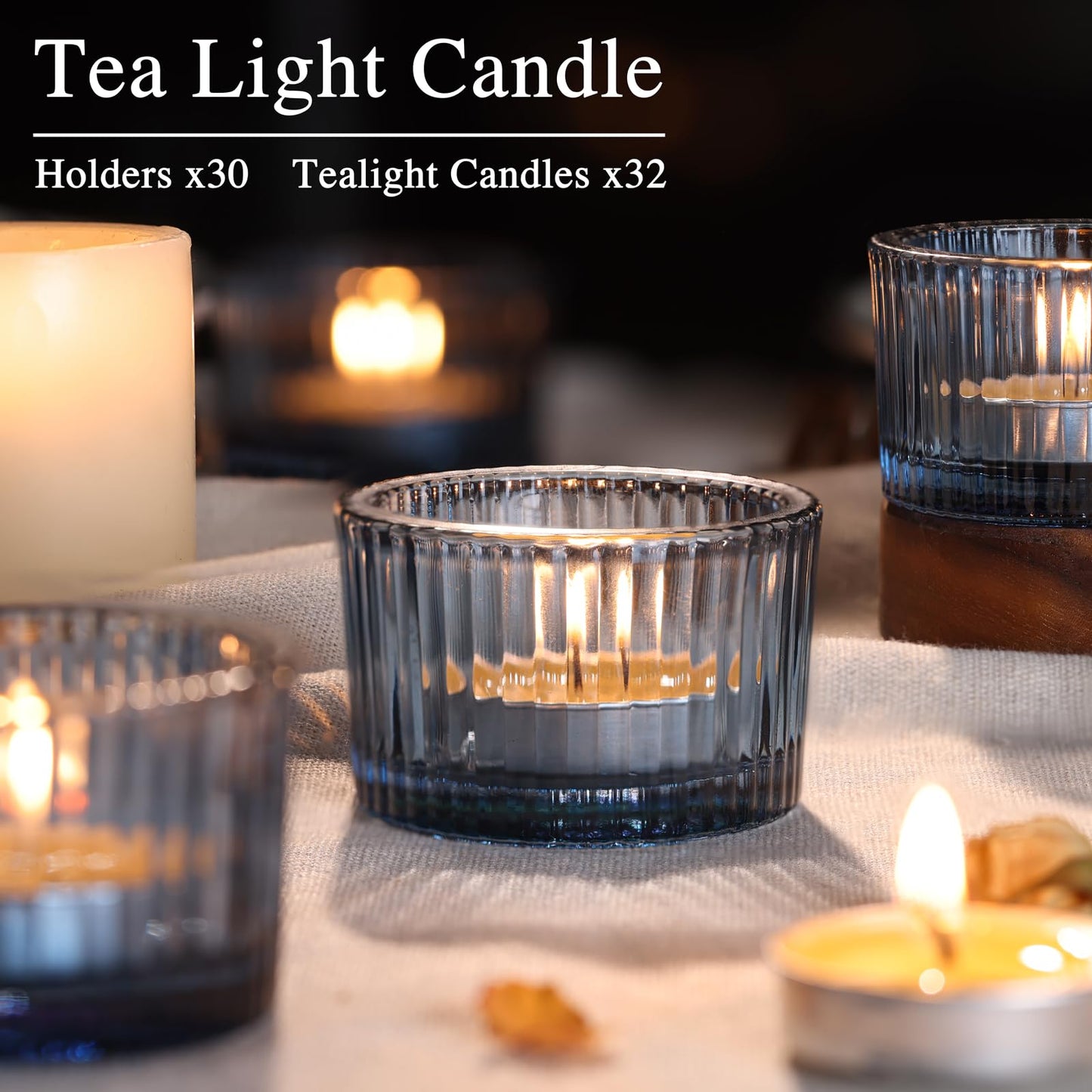 NITIME 30Pcs Blue Tealight Candle Holder, Ribbed Votive Candle Holders Glass with 32pcs Tea Light Candles for Wedding Decor, Home Decor and Party Decor