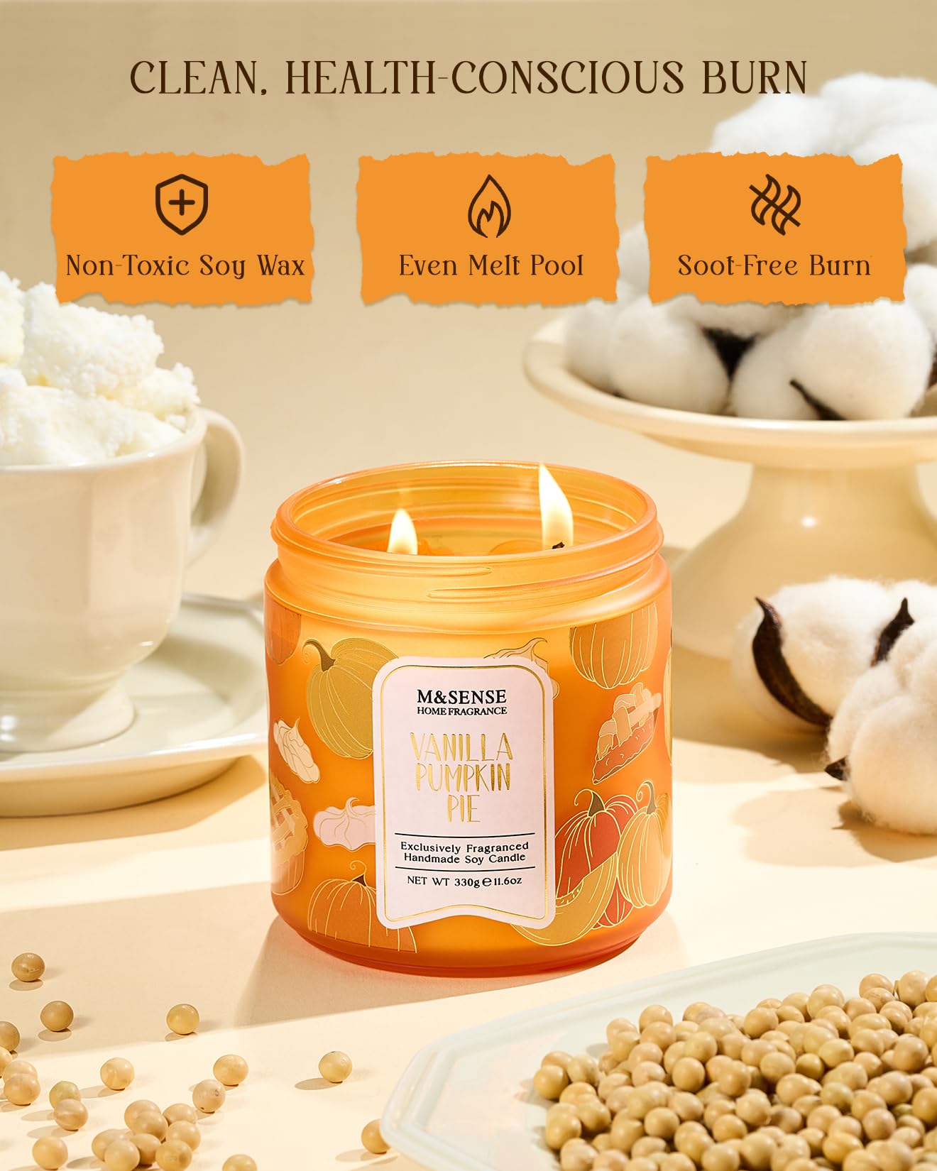 M&SENSE Vanilla Pie Scented Candles, 11.6oz Natural Soy Wax Non Toxic Double Wick 70 Hours Clean Burn Warm Spiced Scent Seasonal Holiday Gifts for Home Decor