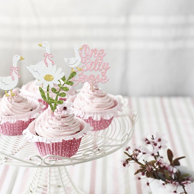 Rsstarxi 24 Pack One Silly Goose Cupcake Toppers One Silly Goose Birthday Decorations Pink Silly Goose 1st Birthday Cupcake Pick for Baby Shower Boys Girls First Birthday Party Cake Decorations