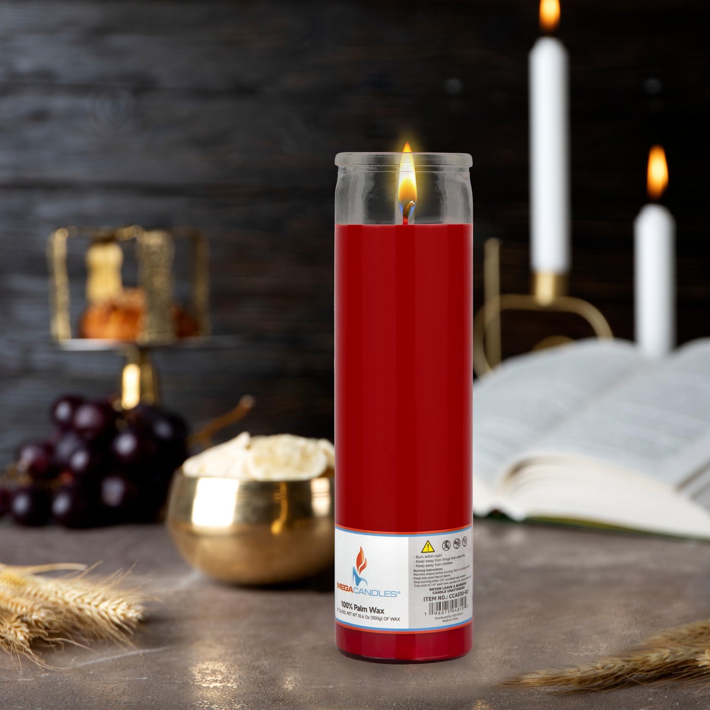 Mega Candles 3 pcs Unscented Red Glass Container Devotional Prayer Candles, Shortening Wax Candle 2 Inch x 8 Inch, Sanctuary, Vigils, Prayers, Spiritual, Blessings, Religious, Altar, Remembrance