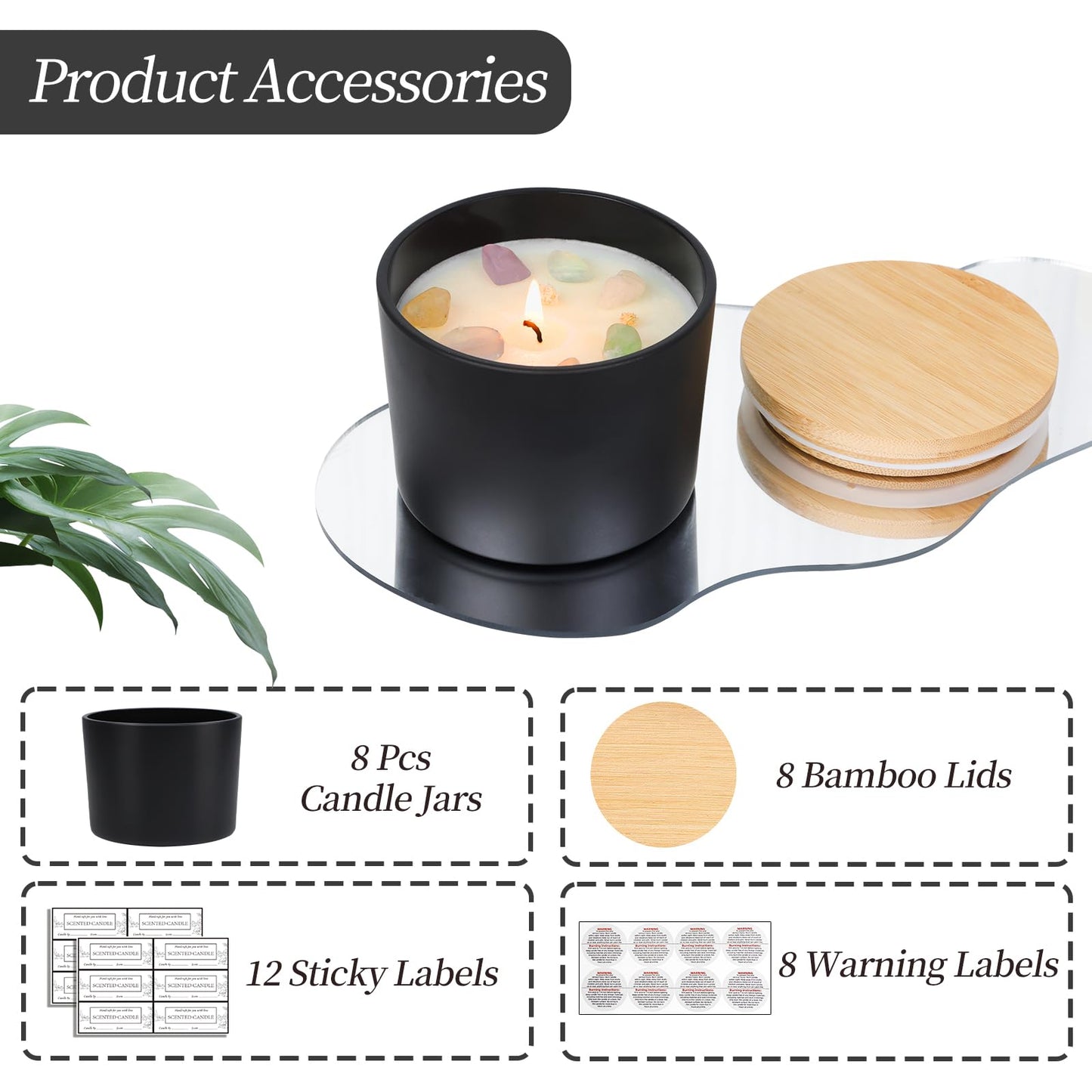 CONNOO 8 Pack 12 OZ Black Glass Wide Mouth Candle Jars for Making Candles with Airtight Bamboo Lids Nice Sticky Warning Labels for Candle Making Empty Container Bulk - Dishwasher Safe