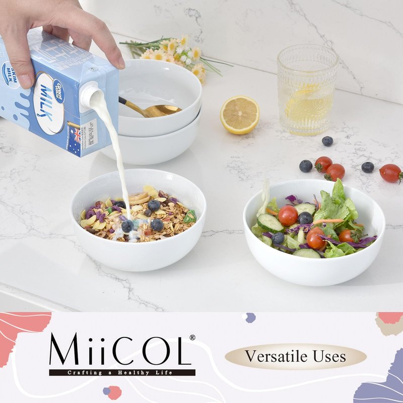 Miicol White Cereal Bowls 20 oz, Ceramic Soup Bowls Set of 4, Breakfast Bowl 6 inch, Kitchen Bowl for Pasta, Salad, Ramen, Oatmeal, Microwave and Dishwasher Safe