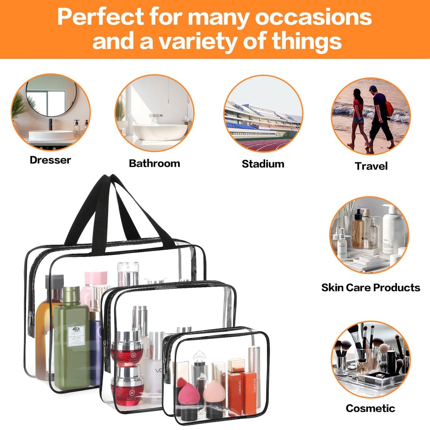 HAOGUAGUA 3 Pieces Large Clear Travel Bags for Toiletries, Waterproof Clear Plastic Cosmetic Makeup Bags, Transparent Packing Organizer Storage Bags (Black)