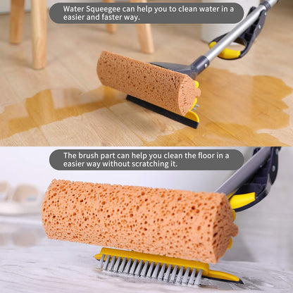 Yocada Sponge Mop Home Commercial Use Tile Floor Bathroom Garage Cleaning with Squeegee and Extendable Telescopic Long Handle 42-52 Inches Easily Dry Wringing