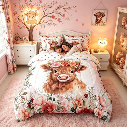 Feelyou Cute Highland Cow Bedding Set Twin Size 7 Pieces Cartoon Animal Comforter Set Flower Floral Print Farm Zoo Garden Theme Bed in a Bag with Comforter, Sheets, Pillowcases & Cushion Cover