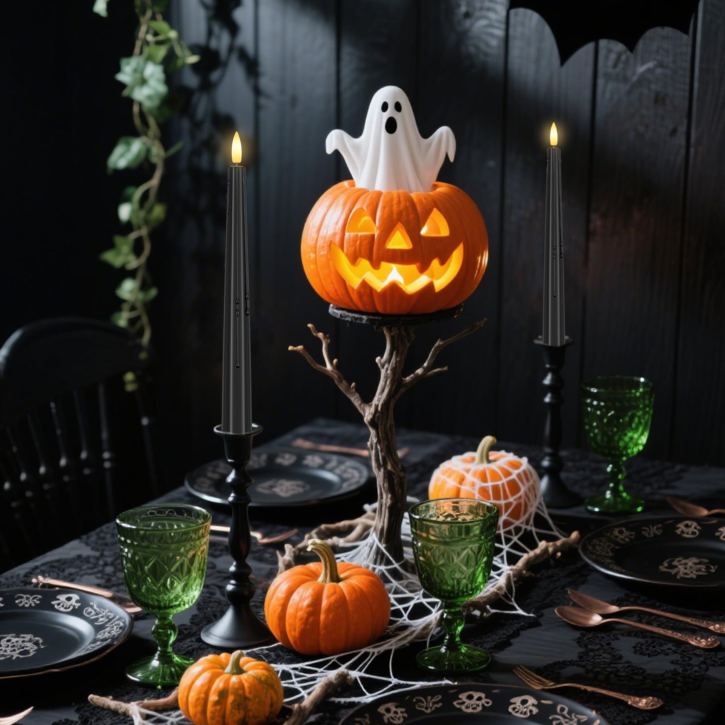 SHENSY 3 Pack Halloween Black Flameless Taper Candles –Drip Real Wax Battery Operated LED Candlesticks with 3D Flickering Flame, Remote & Timer – Haunted Decor for Spooky Tables & Windows