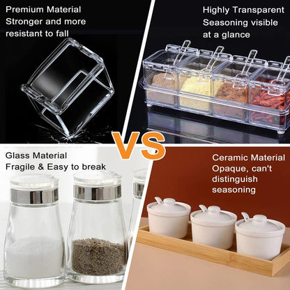 SHAIDOJIO Clear Seasoning Box, 8 Piece Seasoning Rack Spice Pots, Plastic Storage Container Condiment Jars with Lids and Spoon, Kitchen Organization Containers for Spice, Salt, Sugar, Cruet (2 Set)